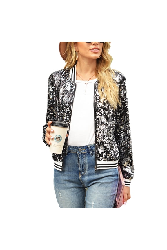 Women's Zip Up Jacket Sequin Disco Carnival Outfit Halloween Bomber Jackets Long Sleeve Short Dance Vintage Zipper Black Medium