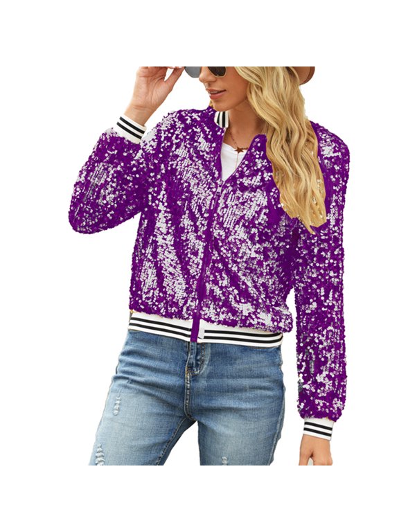 Women's Zip Up Jacket Sequin Disco Carnival Outfit Halloween Bomber Jackets Long Sleeve Short Dance Vintage Zipper Purple Large