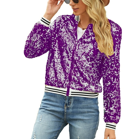 SWSMCLT Women's Zip Up Jacket Sequin Disco Carnival Outfit Halloween Bomber Jackets Long Sleeve Short Dance Vintage Zipper Purple X-Large