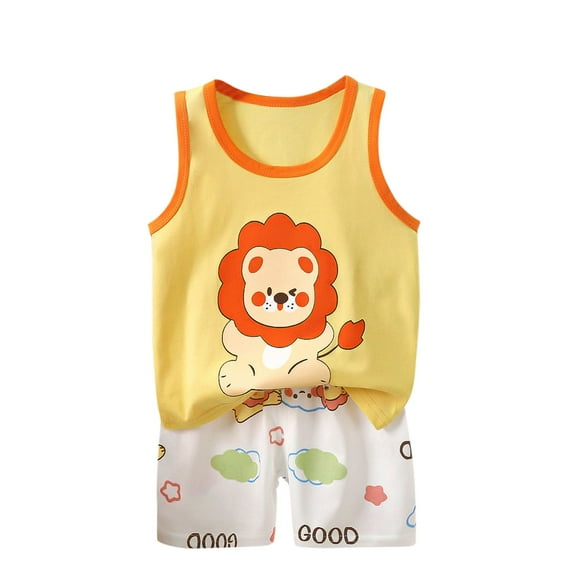 SWSTBBY Boys Summer Outfit Sets Clothing,Kids sets clothing Clearance,Fashion Boys' Casual Sleeveless Round Neck Collar Botton Printed Short Pants Sets