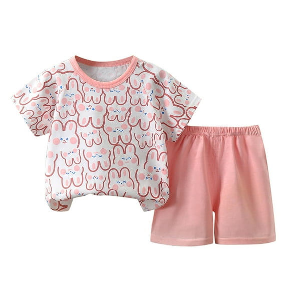 SROBPTY Girls' Summer Outfit Sets Clothing,Kids Sets Clothing,Children's Summer Cotton Printed Short Sleeved Round Neck T-shirt+shorts Two-piece Set