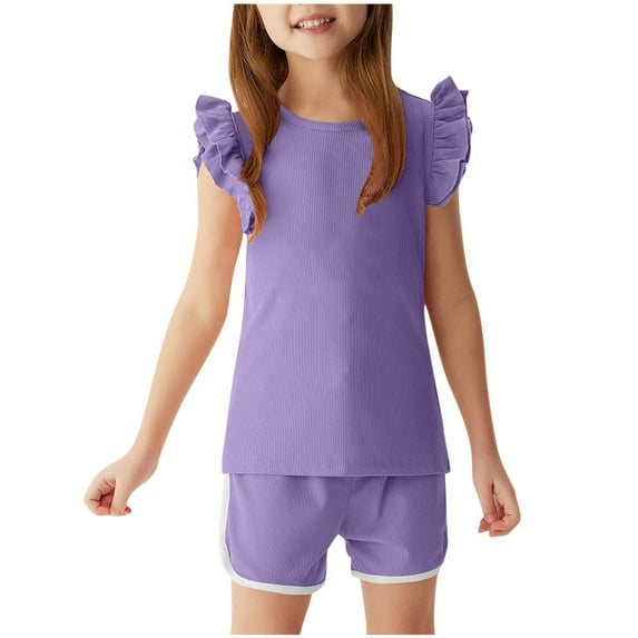 SROBPTY Girls Summer Outfit Sets Clothing,Kids Sets Clothing,Fashion Girls' Casual Short Sleeve Round Neck Collar Botton Solid Color Short Pants Sets