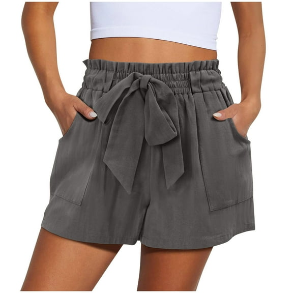 SROBPTY Womens Summer Shorts, Casual Shorts for Women, Women Casual Solid Short Ruffle Drawstring Elastic Waist Wide Leg Pants Gray S
