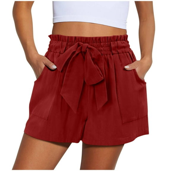 SROBPTY Womens Summer Shorts, Casual Shorts for Women, Women Casual Solid Short Ruffle Drawstring Elastic Waist Wide Leg Pants Wine L