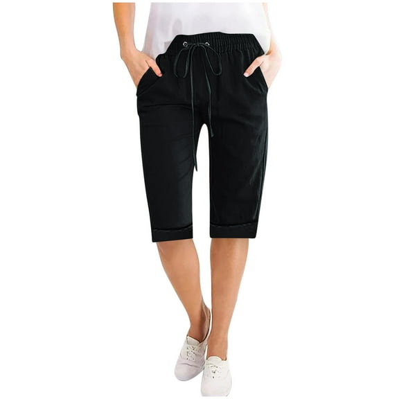 SROBPTY Womens Summer Shorts, Casual Shorts for Women, Women Solid High Waist Elastic Drawstring Cotton and Linen Five Quarter Pants with Pocket Black M