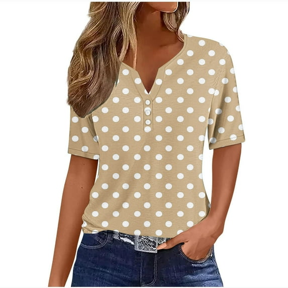 SWSTBBY Summer Tops for Women,Womens Tops,Ladies' Retro Non Positioning Printed V-neck Button T-shirt Loose Top