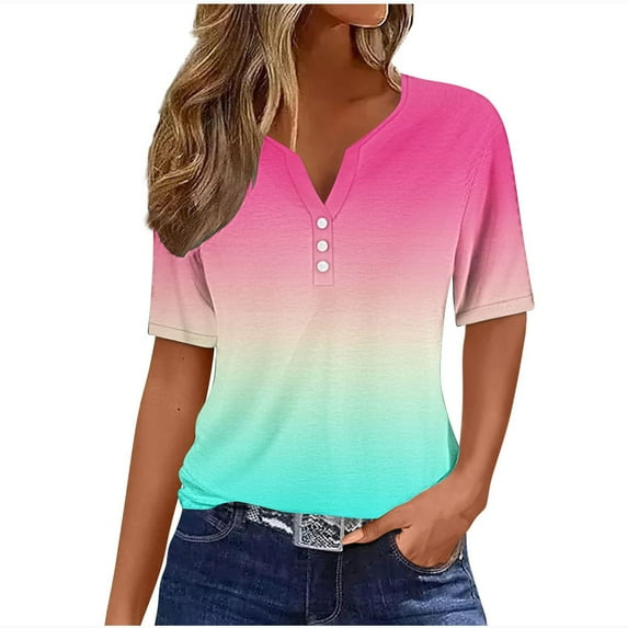 SROBPTY Summer Tops for Women,Womens Shirts,Ladies' Retro Non Positioning Printed V-neck Button T-shirt Loose Top