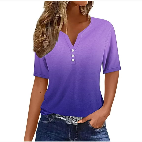 SROBPTY Summer Tops for Women,Womens Shirts,Ladies' Retro Non Positioning Printed V-neck Button T-shirt Loose Top