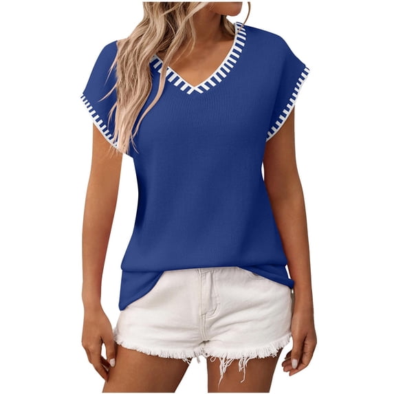 SWSTBBY Summer Tops For Women,Womens Tops Clearance,Women's Casual V-Neck Solid Color T-shirt Short Sleeved Top