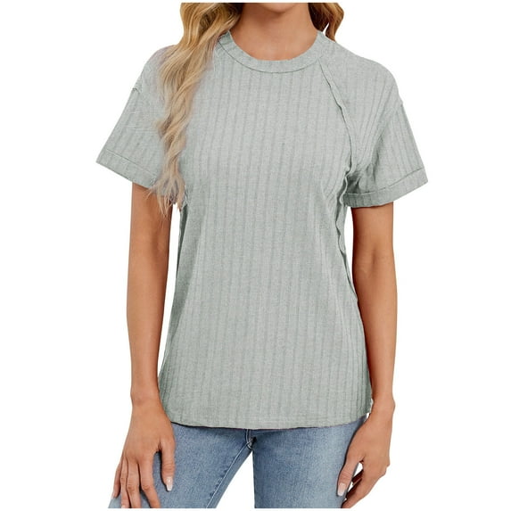 SROBPTY Summer Tops for Women,Womens Tops,Women's New Summer Solid Color Round Neck Stripe Short Sleeved Top With Outward Facing