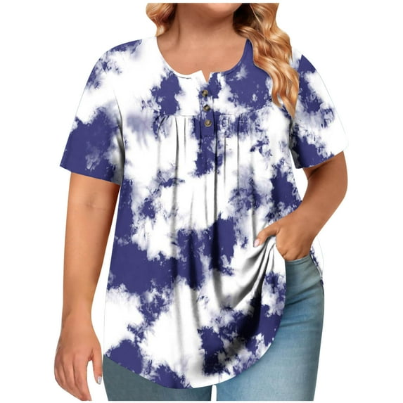 SROBPTY Summer Tops for Women,Womens Shirts,Women's Plus Size Short Sleeved Round Neck Button Up Pleated T-shirt Top