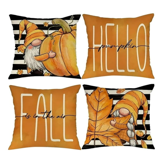 SWSUSN Set Of 4 For Fall Decor Stripes Pumpkin And Maple Leaves Gnones Outdoor Fall Pillows Decorative Throw Pillows Farmhouse Thanksgiving Decorations Textile Product