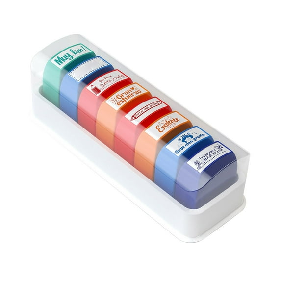 SWSUSN Teacher Stamps for Classroom Grading 8PCS – Rectangular Self Inking Stamps Set for Teachers with Different Messages –Homeschool & Teacher Supplies – Comes with Bonus Storage Tray