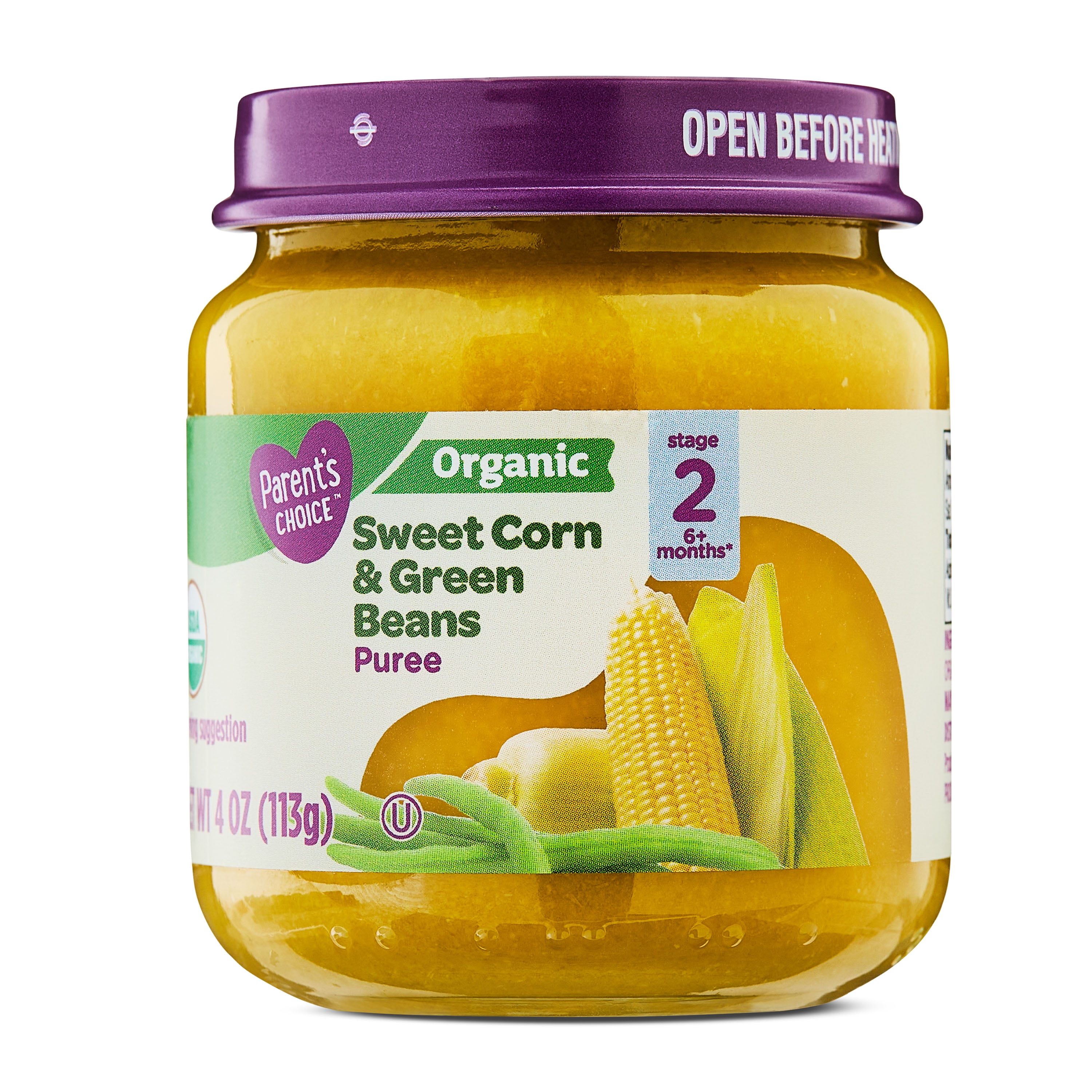 Parent's Choice Organic Stage 2 Baby Food Sweet Corn & Green Beans, 4 oz Jar