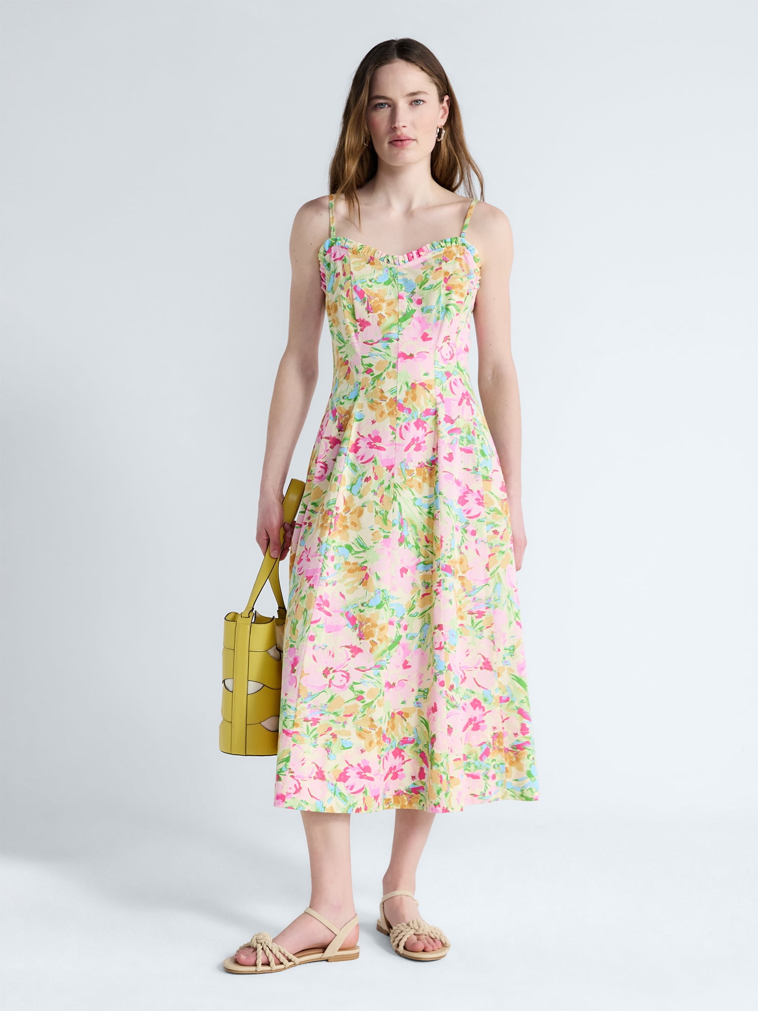 Free Assembly Women's Cotton Panel Midi Dress with Sweetheart Neckline, Sizes XS-XXL