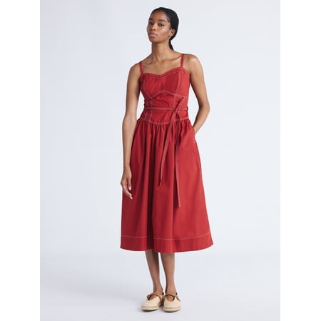 Free Assembly Women's and Women's Plus Sweetheart Belted Cotton Utility Midi Dress, Sizes XS-4X