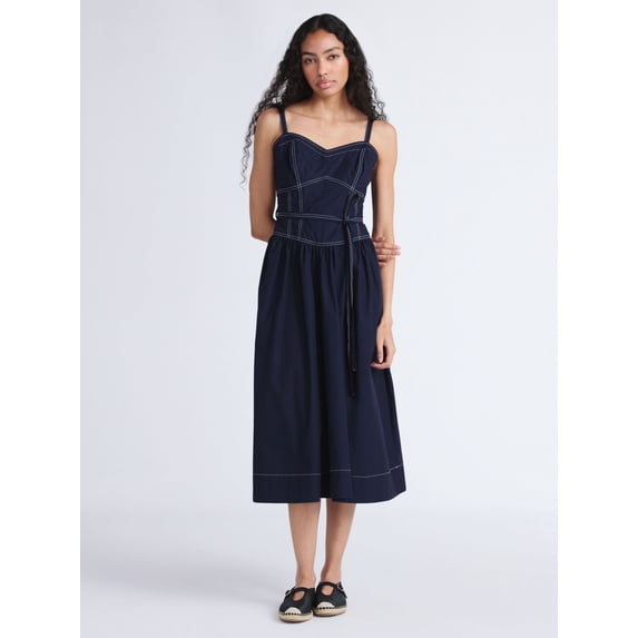 Free Assembly Women's and Women's Plus Sweetheart Belted Cotton Utility Midi Dress, Sizes XS-4X