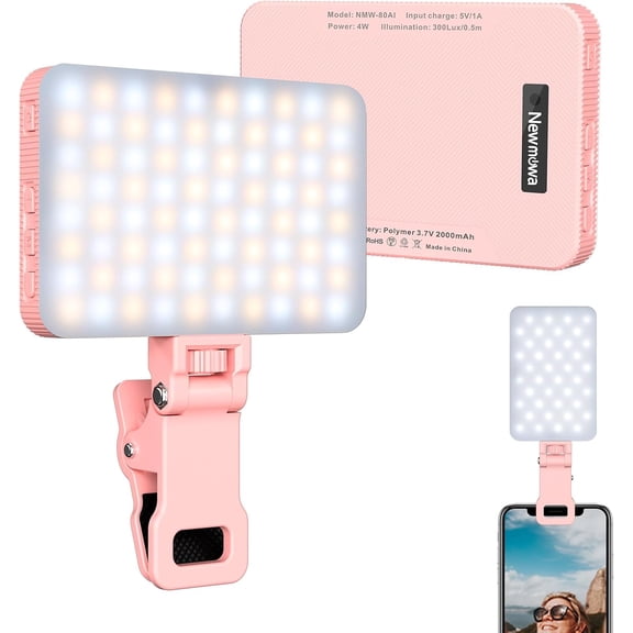 SWTSWT Pink Rechargeable Selfie Light - Portable Clip-on Video Light for Phone/Laptop/Camera With Smart Sensor, 3 Modes, 2000mAh Battery for Selfie/Makeup/Video Conference/TikTok