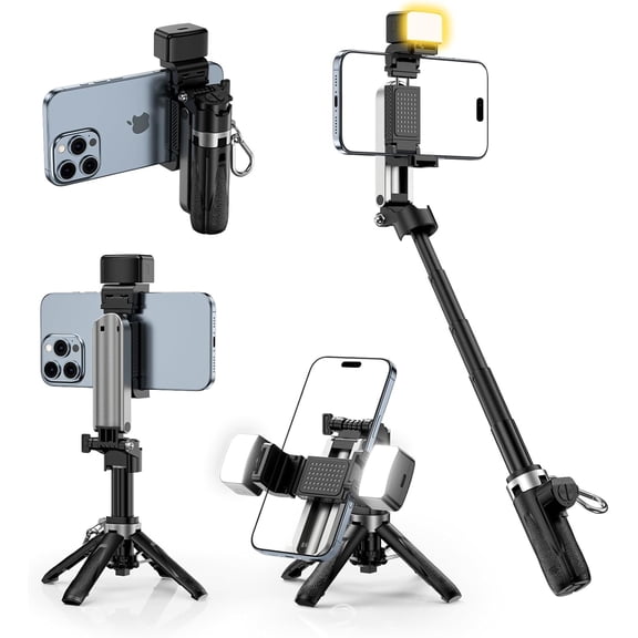 SWTSWT PocketFlex Mini Tripod with Fill Light & Zoom Control, 3-in-1 Pocket Selfie Stick, [Compatible with MagSafe] Magnetic & Clamp Mount, Bluetooth Remote for iPhone/Android Vlog & Photo