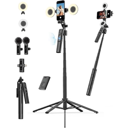 SWTSWT Vlogging Kit for iPhone,YouTube Starter kit for Content Creators w/Wireless Lavalier Microphone,Auto Face Tracking Phone Tripod 360 Rotation w/Lights,Remote Control,Ground Spike(R01 Kit)