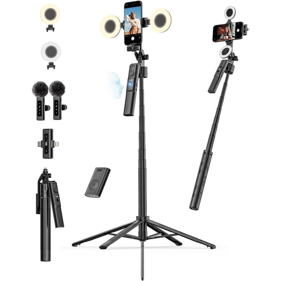 SWTSWT Vlogging Kit for iPhone,YouTube Starter kit for Content Creators w/Wireless Lavalier Microphone,Auto Face Tracking Phone Tripod 360 Rotation w/Lights,Remote Control,Ground Spike(R01 Kit)