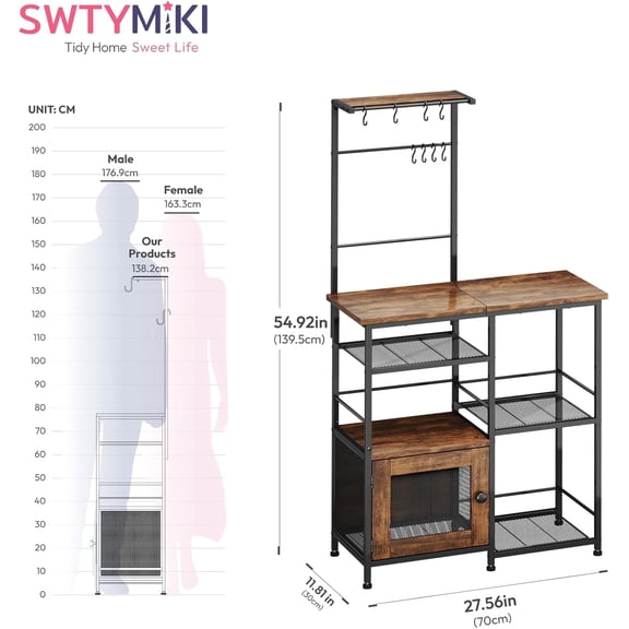 SWTY HOME Espresso Coffee Bar Cabinet with Storage & Hooks - Multifunctional Baker Rack for Kitchen