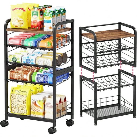 SWTYMIKI Can Organizer for Pantry - Stackable Rolling Snack Cart Soda Can Organizer Multi-Functional Shelf with Adjustable Wheels for Kitchen Office Living Room Black