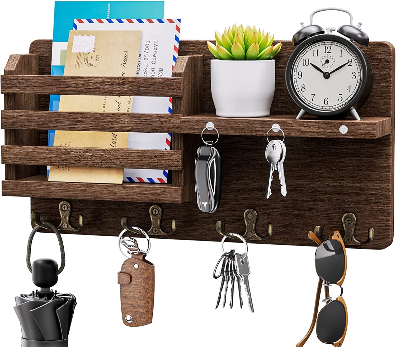 LEFEE Key Holder for Wall with Magnet Hanging, Rustic Wooden Mail Holder with Key Hooks Wall Mounted Key Hanger Organizer for Entryway, Mudroom, Hallway, Bedroom, Living Room and Office, Brown