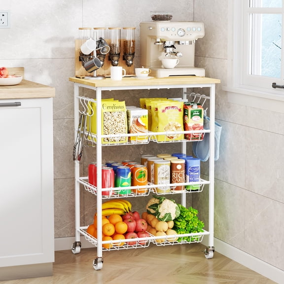 SWTYMIKI Rolling Kitchen Storage Cart - 4 Tier Microwave Stand with 6 Storage Baskets, Coffee Bar with Wheels, Kitchen Utility Cart Shelf Rack Organizer for Fruit, Vegetables, Potato (White) Y101