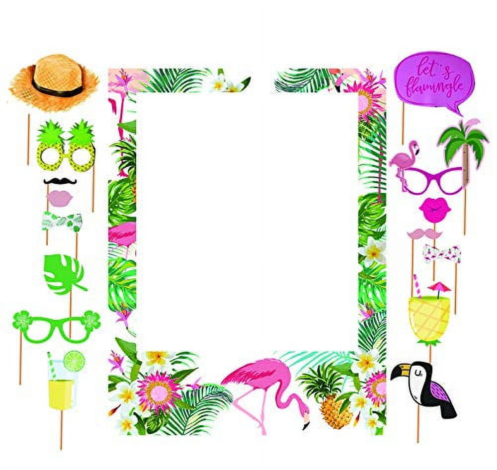 SWYOUN Tropical Theme Photo Frame Photo Booth Sets Hawaiian Frame Picture Props Summer Flamingo Pineapple Photo Props Luau Party Supplies(Pack of 17)