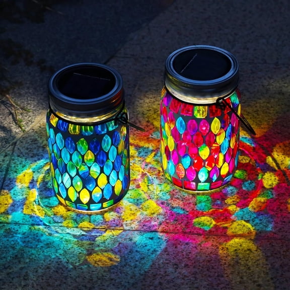 SX 2 Pack Mosaic Solar Lanterns, Handmade Outdoor Glass Hanging Lights, Waterproof Solar Table Lamps, Jar Lantern, Gift for Mom Wife Friend, Decor for Garden, Patio, Yard, Balcony, Blue&Red