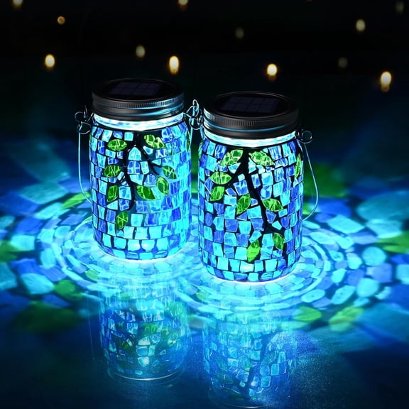 SX 2 Pack Mosaic Solar Lanterns Outdoor Waterproof Garden Decor Stained Glass Hanging Solar Jar Lights Gifts for Women Mom Grandma Handmade Outdoor Lantern Lamp for Patio Porch Yard Table