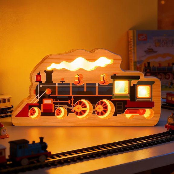 SX LED Train Night Light, Wooden Train Hollow-Out Wall Art with USB-C, Glowing Engine Decor for Bedside Desk Nursery