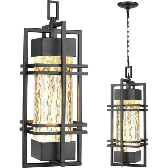 SX Large Outdoor Pendant Light Fixture, Modern Hanging Lantern Ceiling Mount, Anit-Rust Waterproof Chandelier Lighting Exterior with Stone Bubble Glass for Porch, Garage, Gazebo, Patio