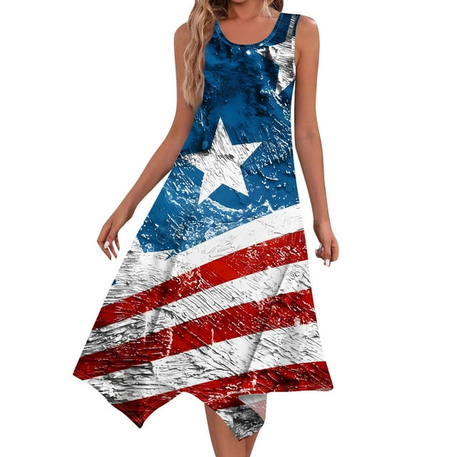 SXAURA USA Flag Patriotic Midi Dress - Star-Spangled Striped Summer ...
