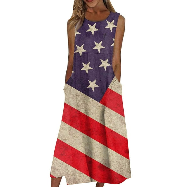 SXAURA USA Flag Patriotic Midi Dress - Star-Spangled Striped Summer ...