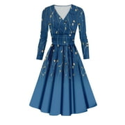 SXAURA Women's Casual Retro Floral Print Long Sleeve V-Neck Dress | Vintage Sexy Midi Summer Long Dress Blue L
