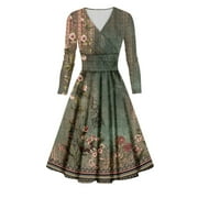 SXAURA Women's Casual Retro Floral Print Long Sleeve V-Neck Dress | Vintage Sexy Midi Summer Long Dress Green 4XL