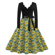 SXAURA Women's Casual Sunflower Print V-Neck Midi Dress | Hepburn Inspired Long Sleeve Dress Mint Green 4XL