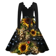 SXAURA Women's Casual Sunflower Print V-Neck Midi Dress | Hepburn Inspired Long Sleeve Dress Yellow L