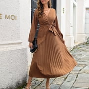 SXAURA Women's Elegant Pleated Maxi Dress | Cross V-Neck Long Skirt with Long Sleeves Coffee L