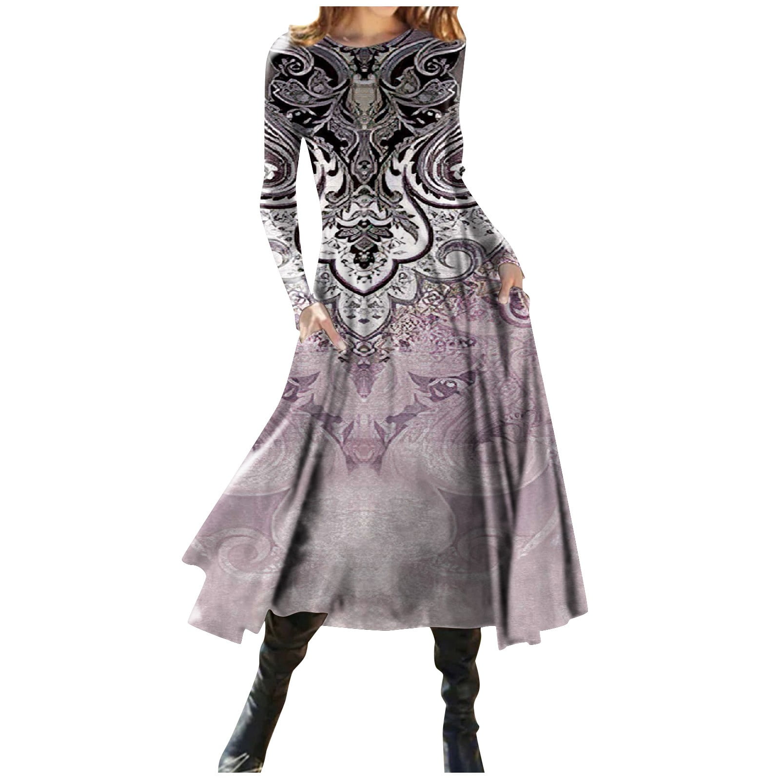 SXAURA Women's Floral Print Round Neck Long Sleeve Fitted Midi Dress ...
