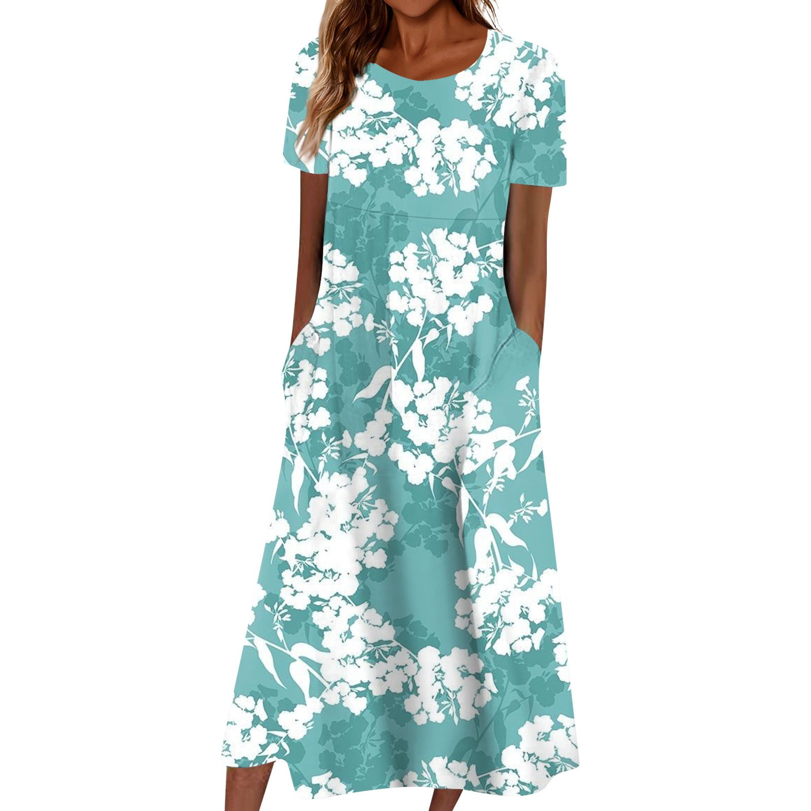 SXAURA Women's Summer Casual Floral Print Short Sleeve Midi Dress ...