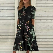 SXAURA Women's Summer Classic Floral Print Short Sleeve Midi Dress | Casual Everyday Summer Long Dress Black L