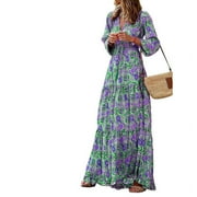 SXAURA Women's Summery Sexy V-Neck Bohemian Floral Print Maxi Dress | Flowing Long Swing Summer Dress Green M
