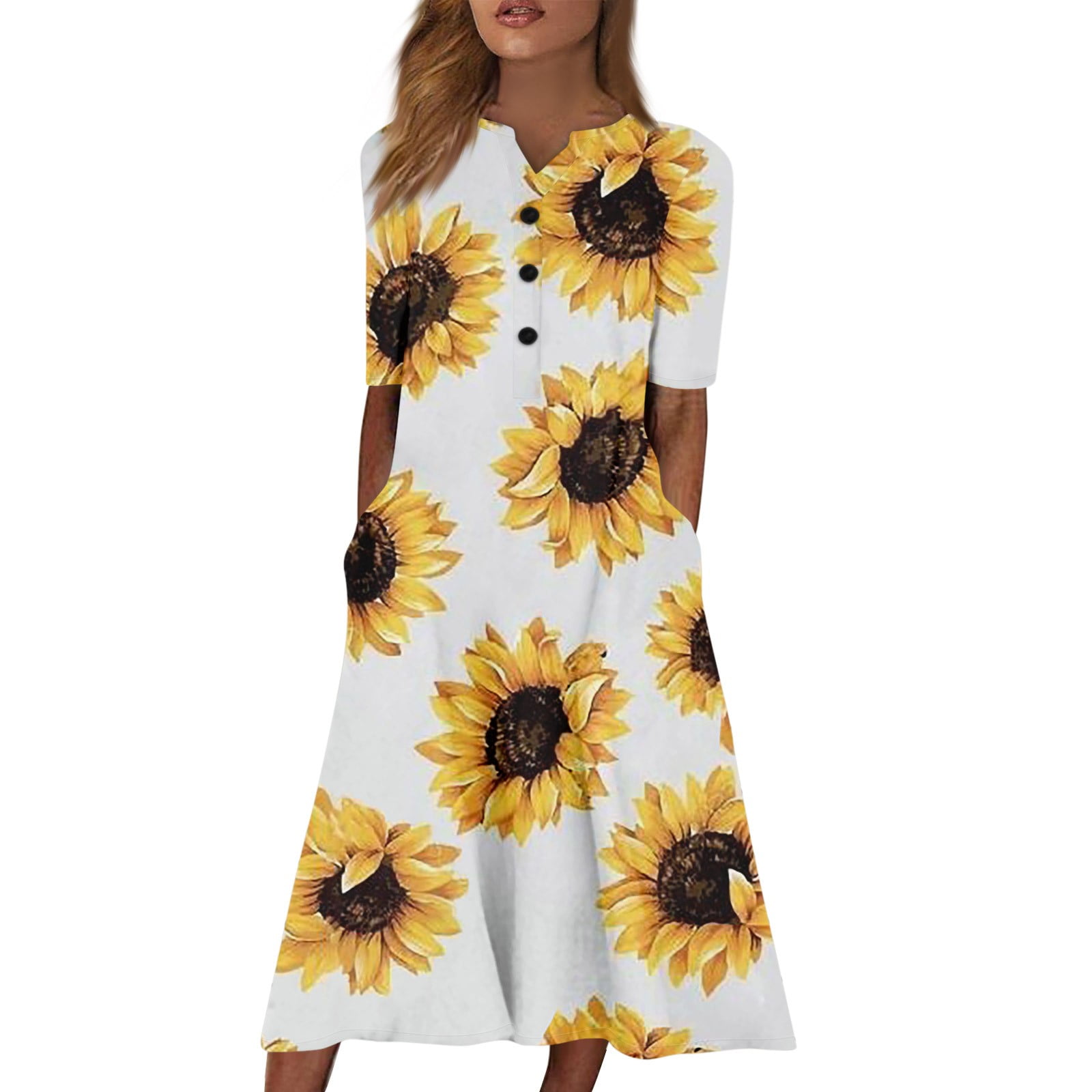 【新品タグ付き】 Sunflower-Printed Midi Dress XS SXAURA Women's V-Neck Short Sleeve Sunflower Print Dress