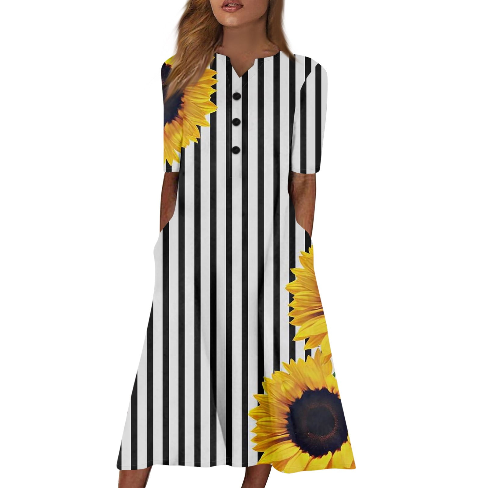 【新品タグ付き】 Sunflower-Printed Midi Dress XS SXAURA Women's V-Neck Short Sleeve Sunflower Print Dress