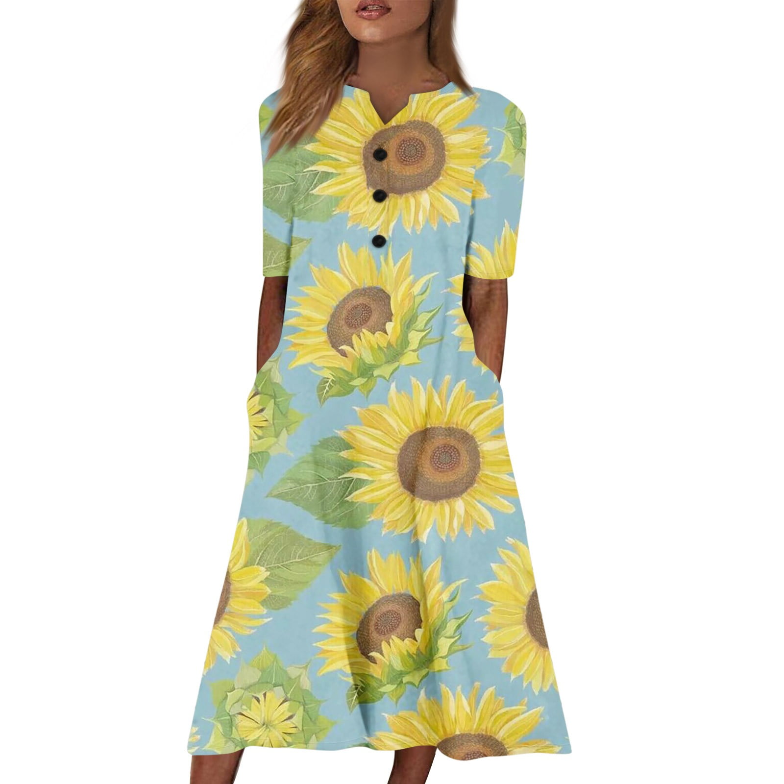 Herlipto♡Sunflower-Printed MidiDress sky Sunflower-Printed Midi Dress(sky)(S)