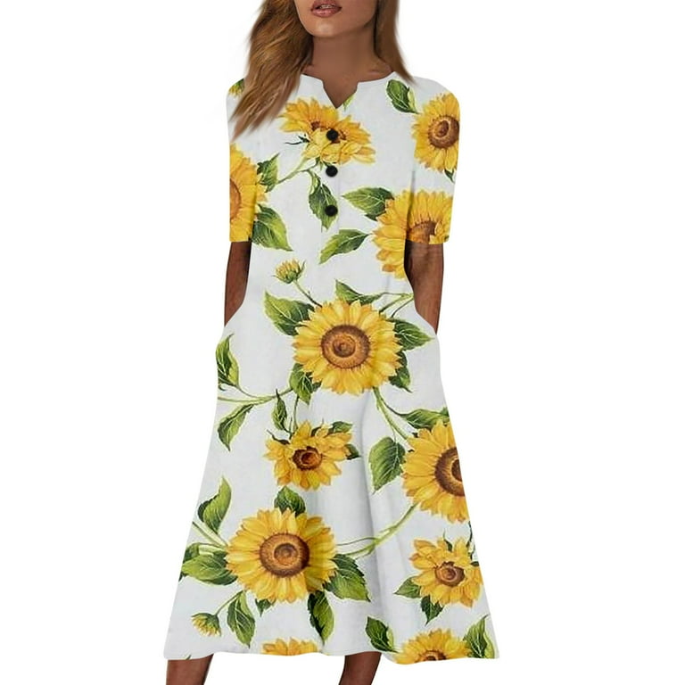 SXAURA Women's V-Neck Short Sleeve Sunflower Print Dress