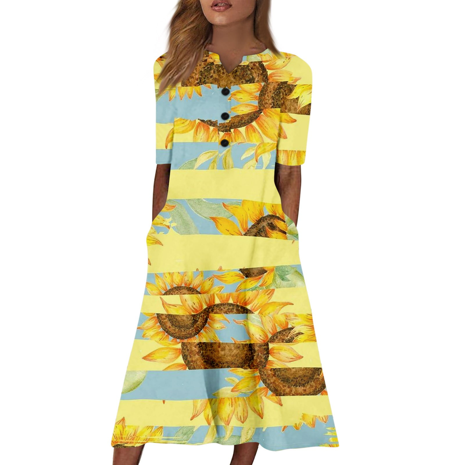 Sunflower-Printed Midi DressサイズS SXAURA Women's V-Neck Short Sleeve Sunflower Print Dress